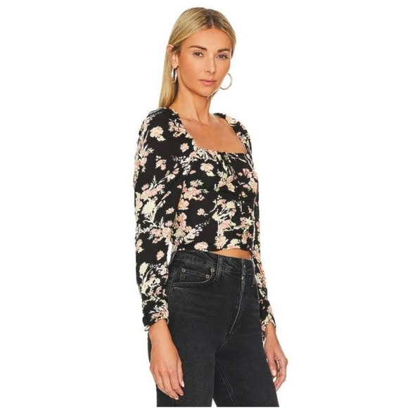 NWT Free people Hilary print keyhole neck top black combo size large - Picture 2 of 3